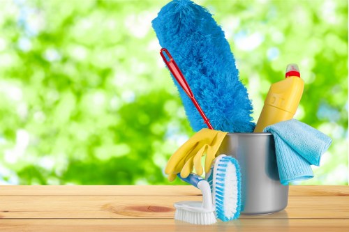 Cleaner beginning work with safety awareness and protective equipment