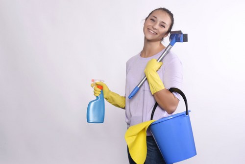 Professional cleaner refreshing a kitchen during domestic cleaning in Battersea